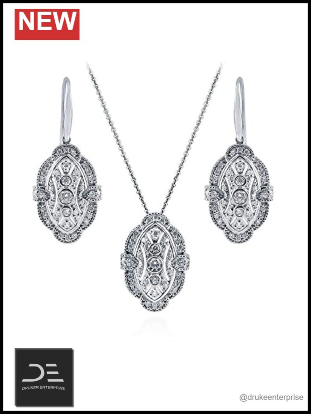 Sterling Silver CZ Jewelry Set Necklace & Earrings Milgrain